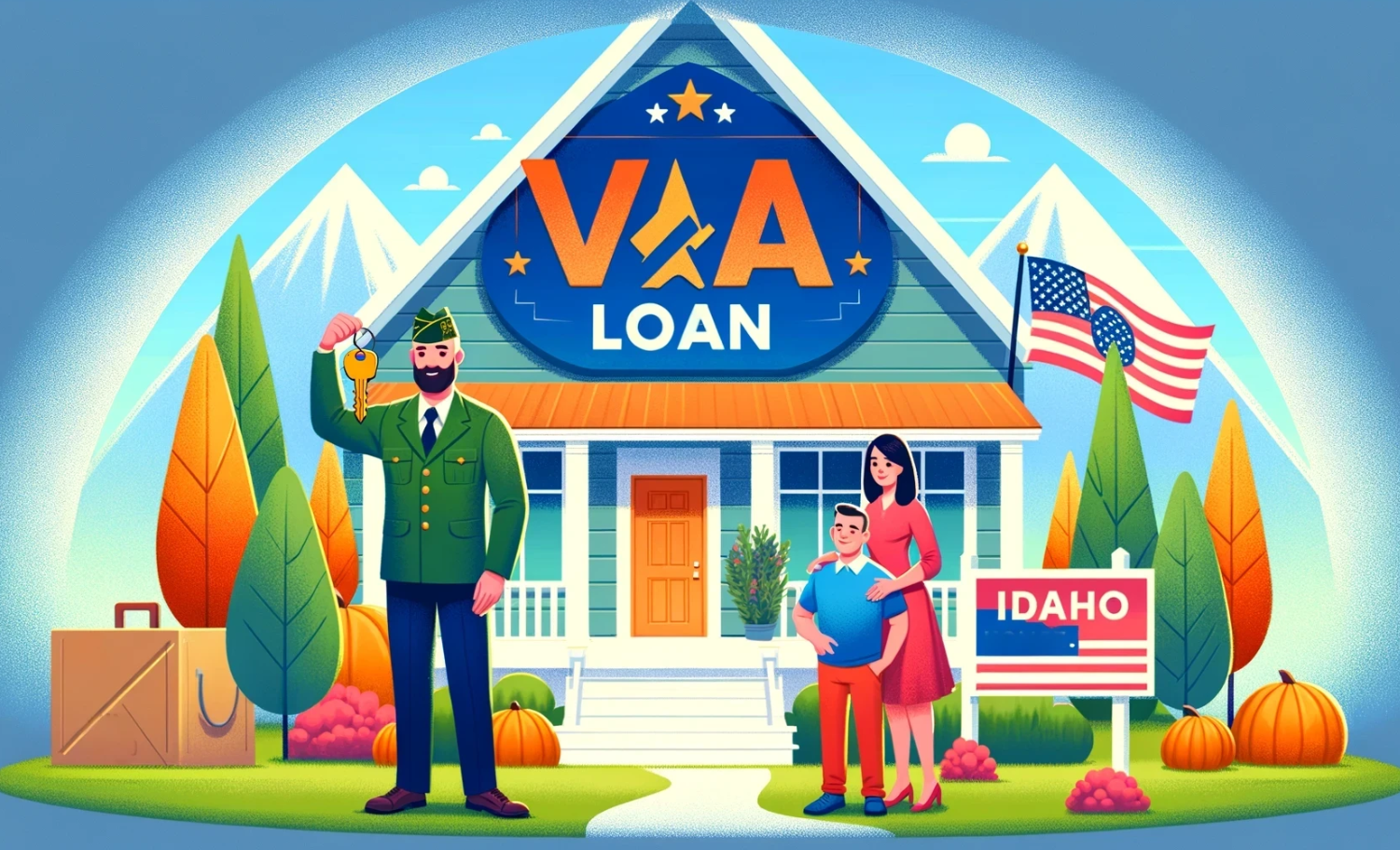 Idaho landscape with veteran holding house keys, happy family in front of new home, emphasizing VA home loans and homeownership benefits for Idaho veterans